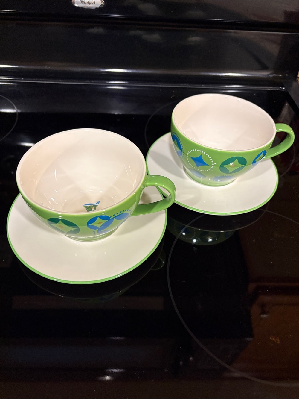 Set of 2 Green Decorative Starbucks Teacup & Saucer - Christmas Stocking Pattern